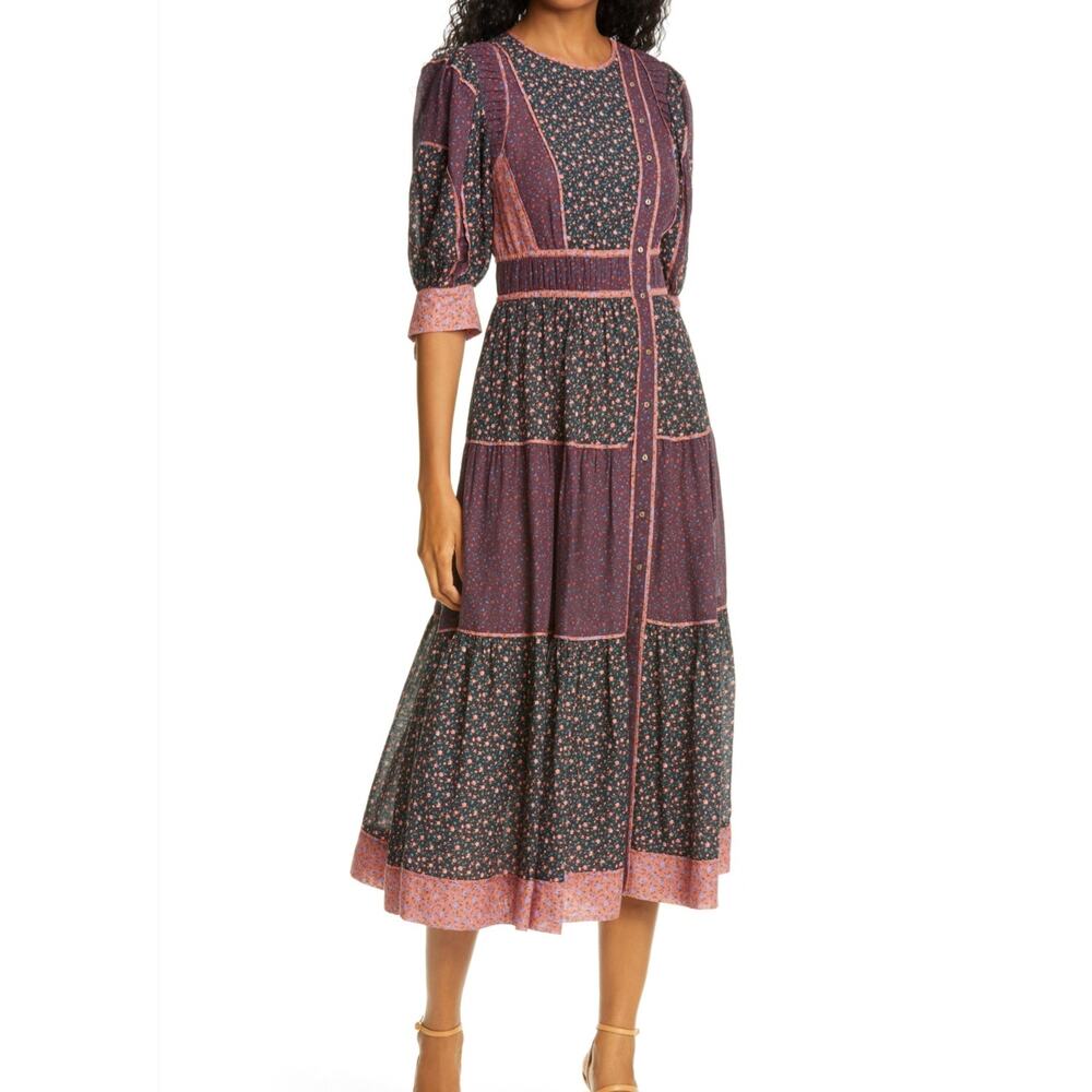 Ulla Johnson Women's Verona Floral Puff Sleeve Patchwork Midi Dress Size 6